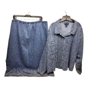 Denim & Co 3X Floral Denim 2-Piece Set Button Shirt + Pull-On Skirt Stretch